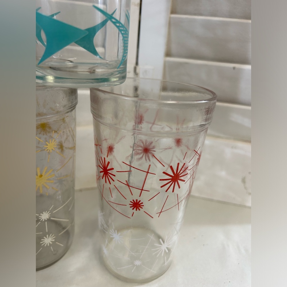3 Vintage 50s 60s atomic drink glass Starburst Boomerang Teal Red Yellow MCM - Picture 5 of 16